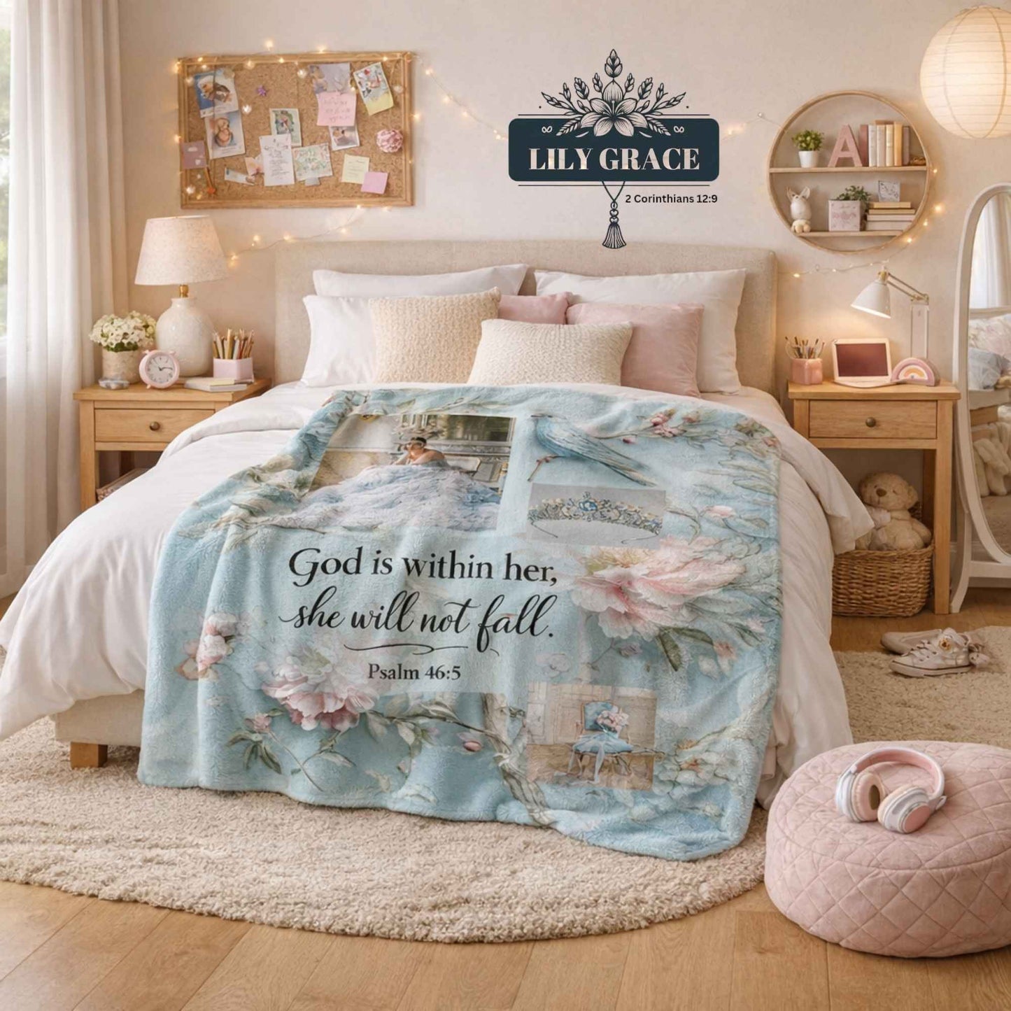 Light blue faith blanket with floral background and crown detail