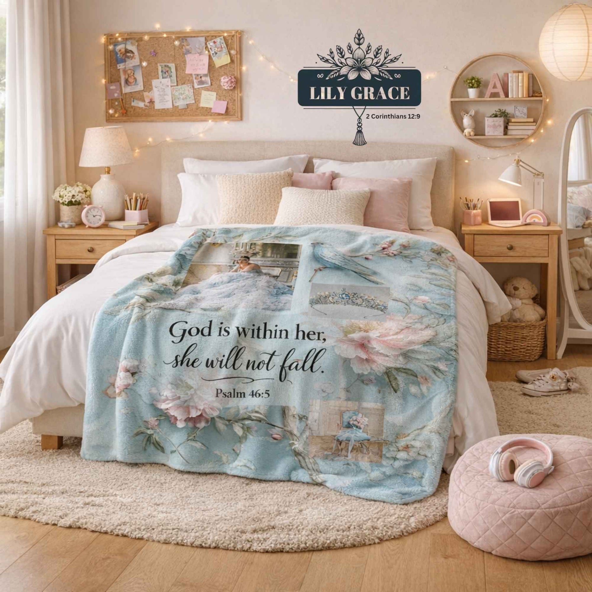 Light blue faith blanket with floral background and crown detail