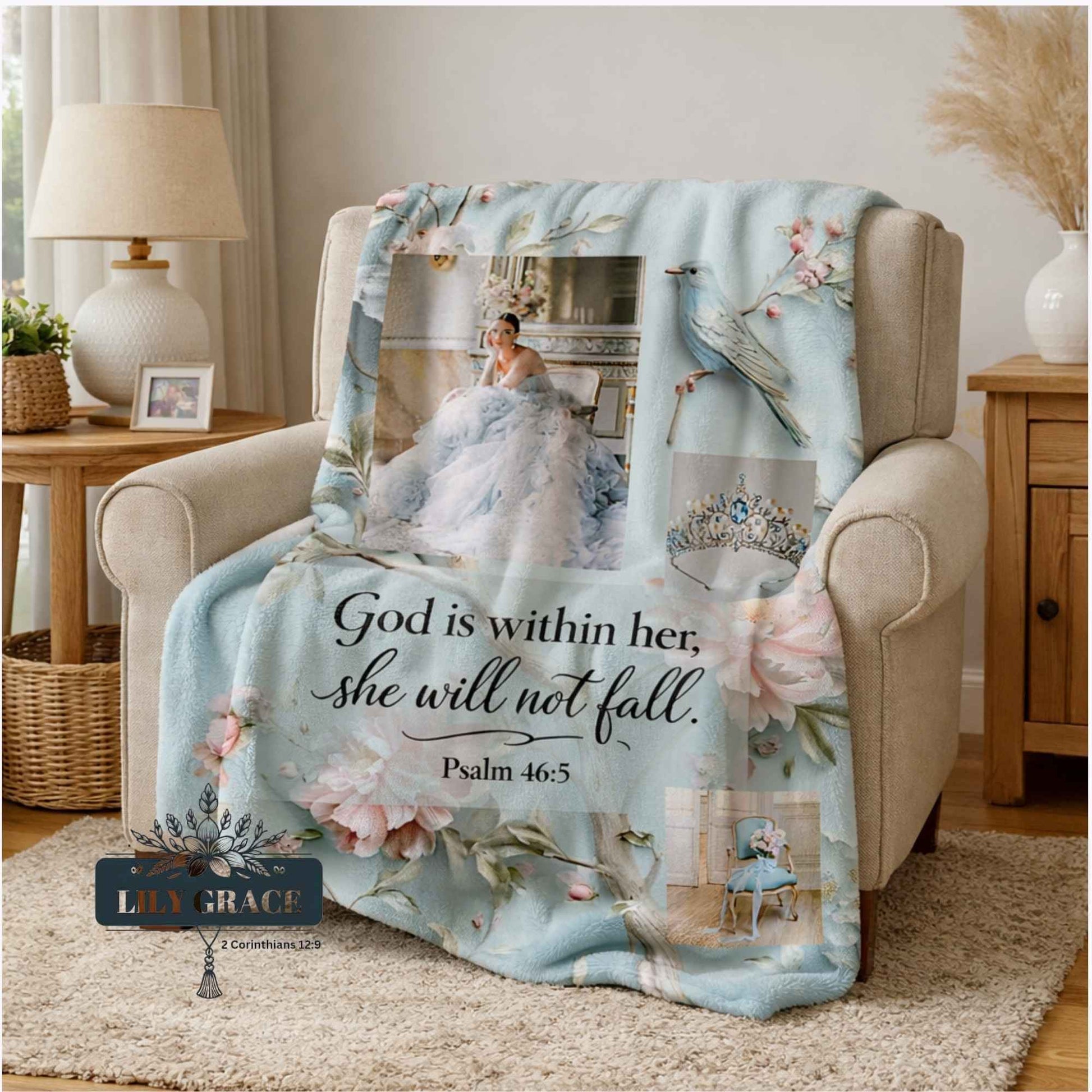 Christian art gifts light blue faith blanket bedroom styling