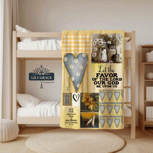 Christian fleece blanket featuring heart motifs, daisies, and uplifting scripture design
