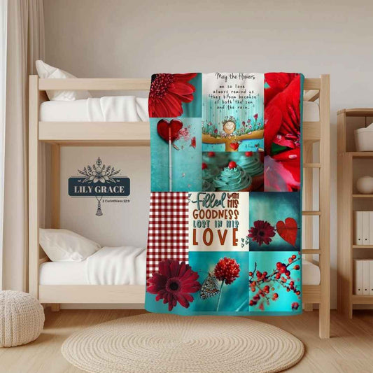 Custom printed Faith Blanket with floral, butterfly, and scripture design, perfect for Christian art gifts