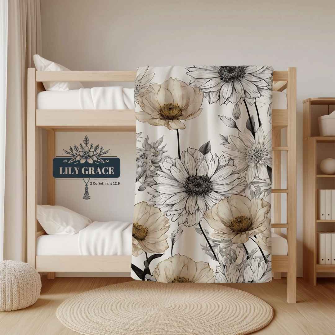 Botanical Sketched Blooms fleece blanket with neutral floral design