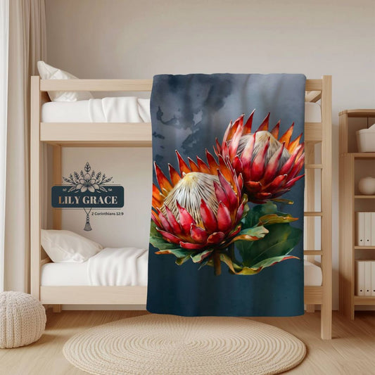 Twin King Protea fleece blanket on a wooden bunk bed.