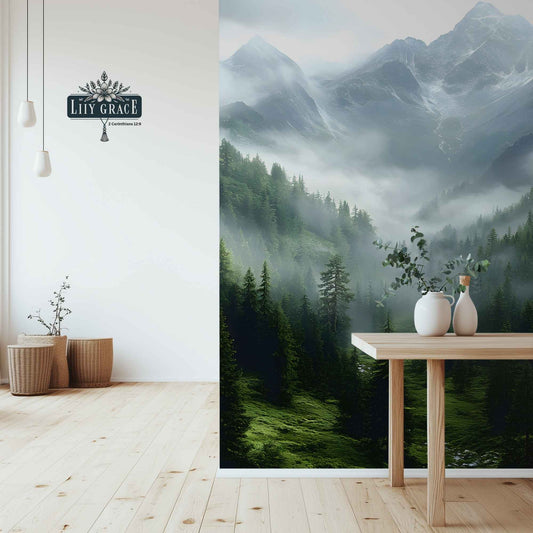 Room interior with a large wall mural of a mountain landscape, featuring a table with decorative items.