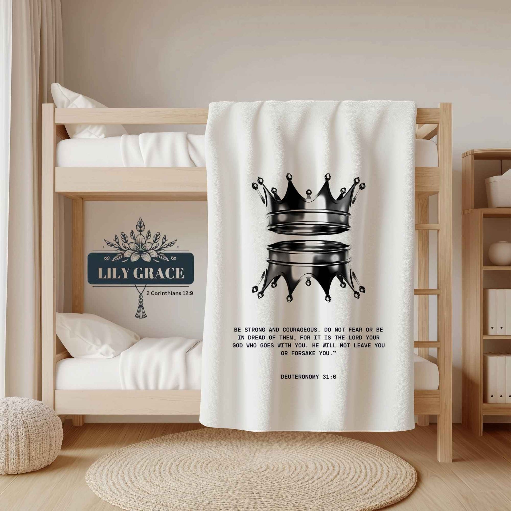 Crowned in Courage blanket with faith message and scripture print. Faith blanket