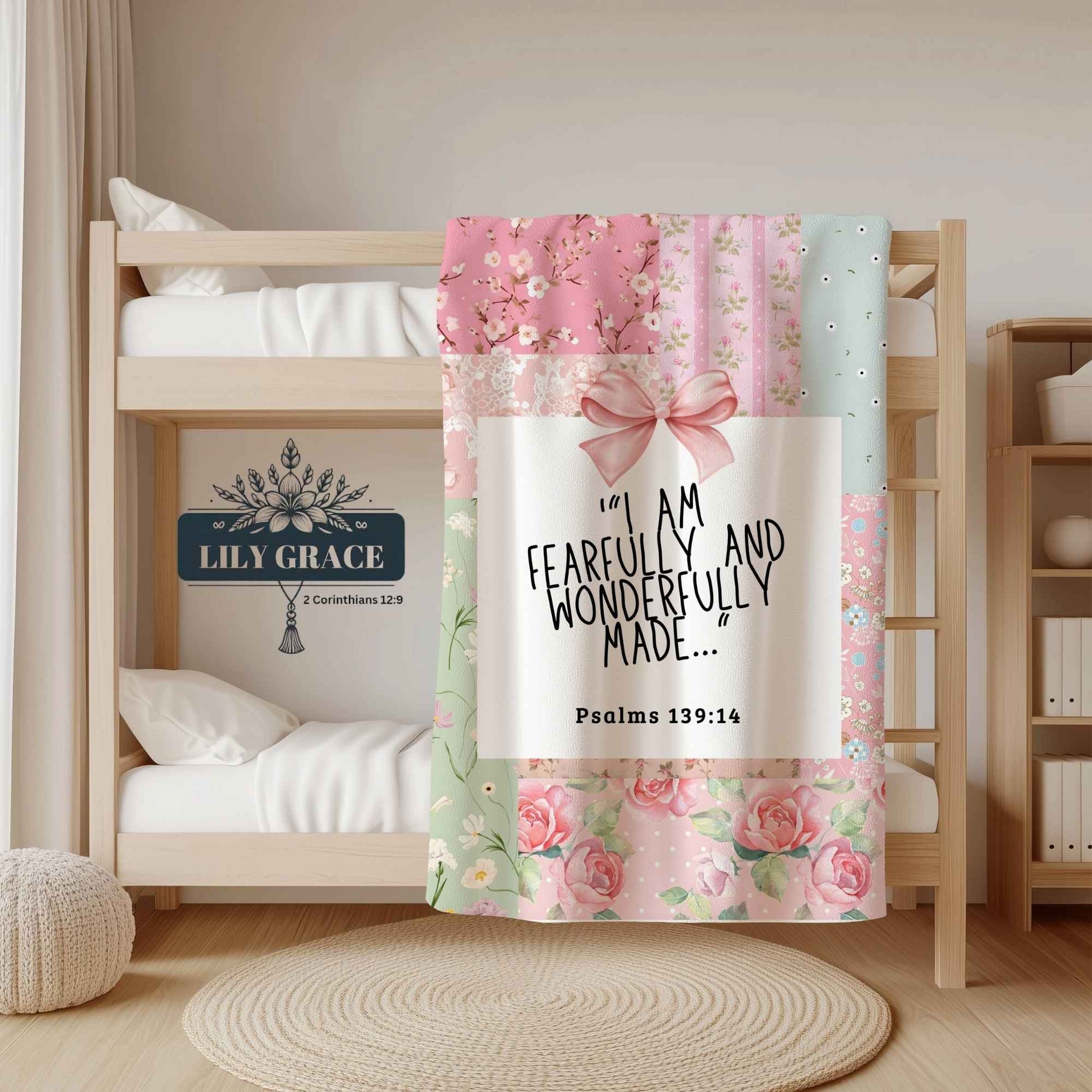 Psalm 139:14 faith blanket pink floral pattern
