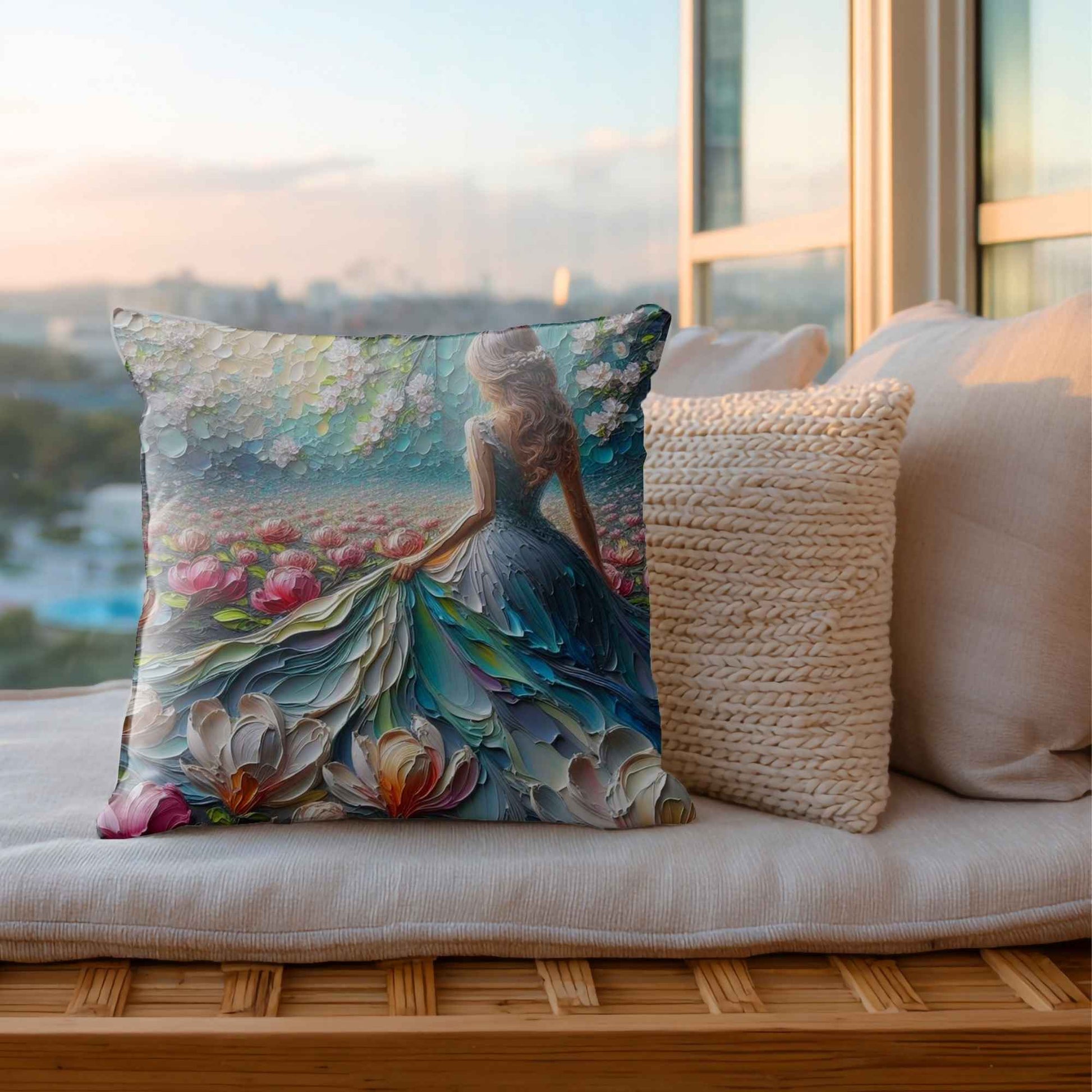 Magnolia Girl cotton scatter cushion cover with teal magnolia floral artwork by Lily Grace Design