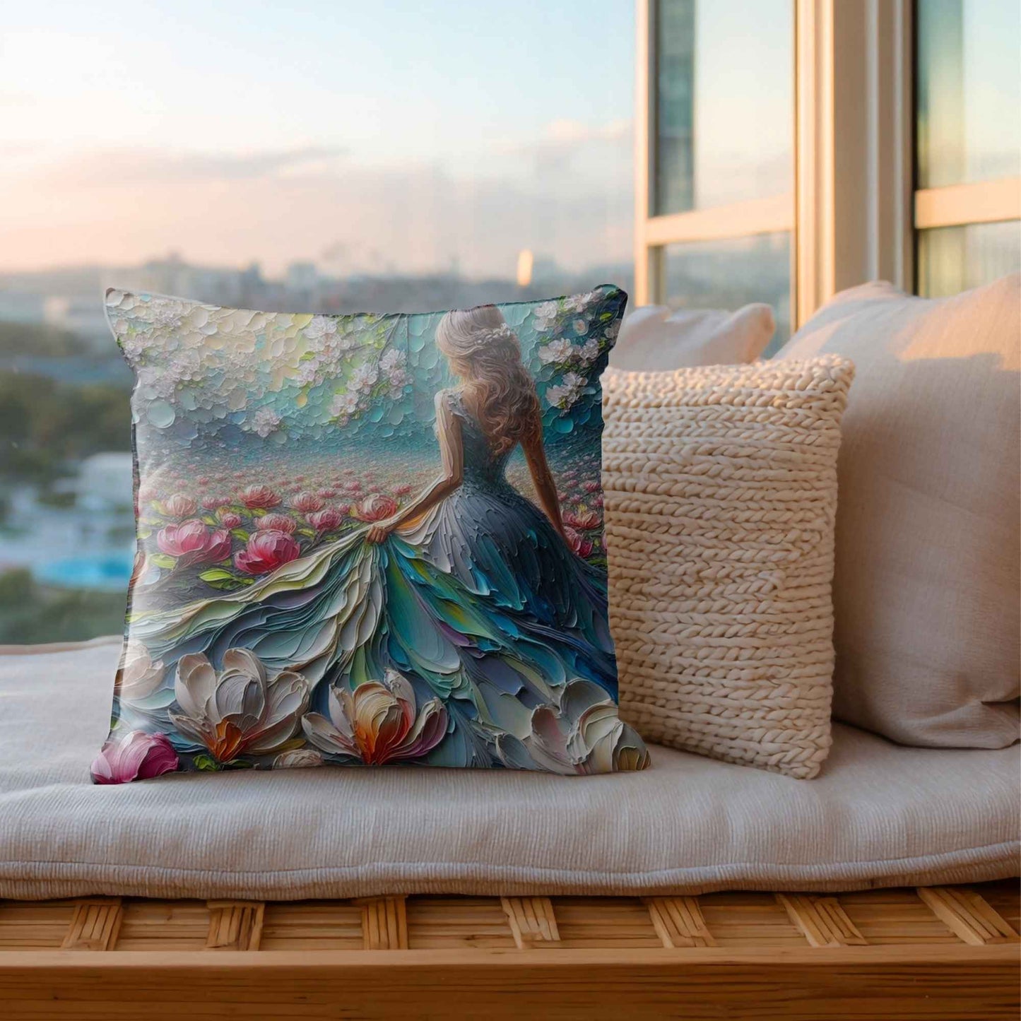 Matching Magnolia Girl cushion cover with painterly magnolia flowers and deep blue-green floral detail