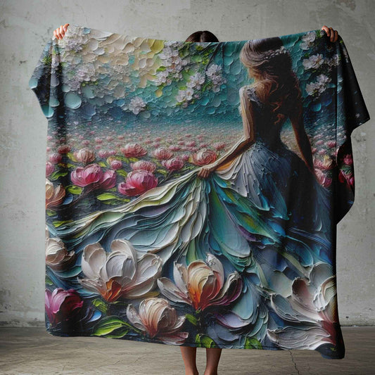 Magnolia Girl lightweight fleece blanket with teal magnolia flowers and soft feminine artwork by Lily Grace Design