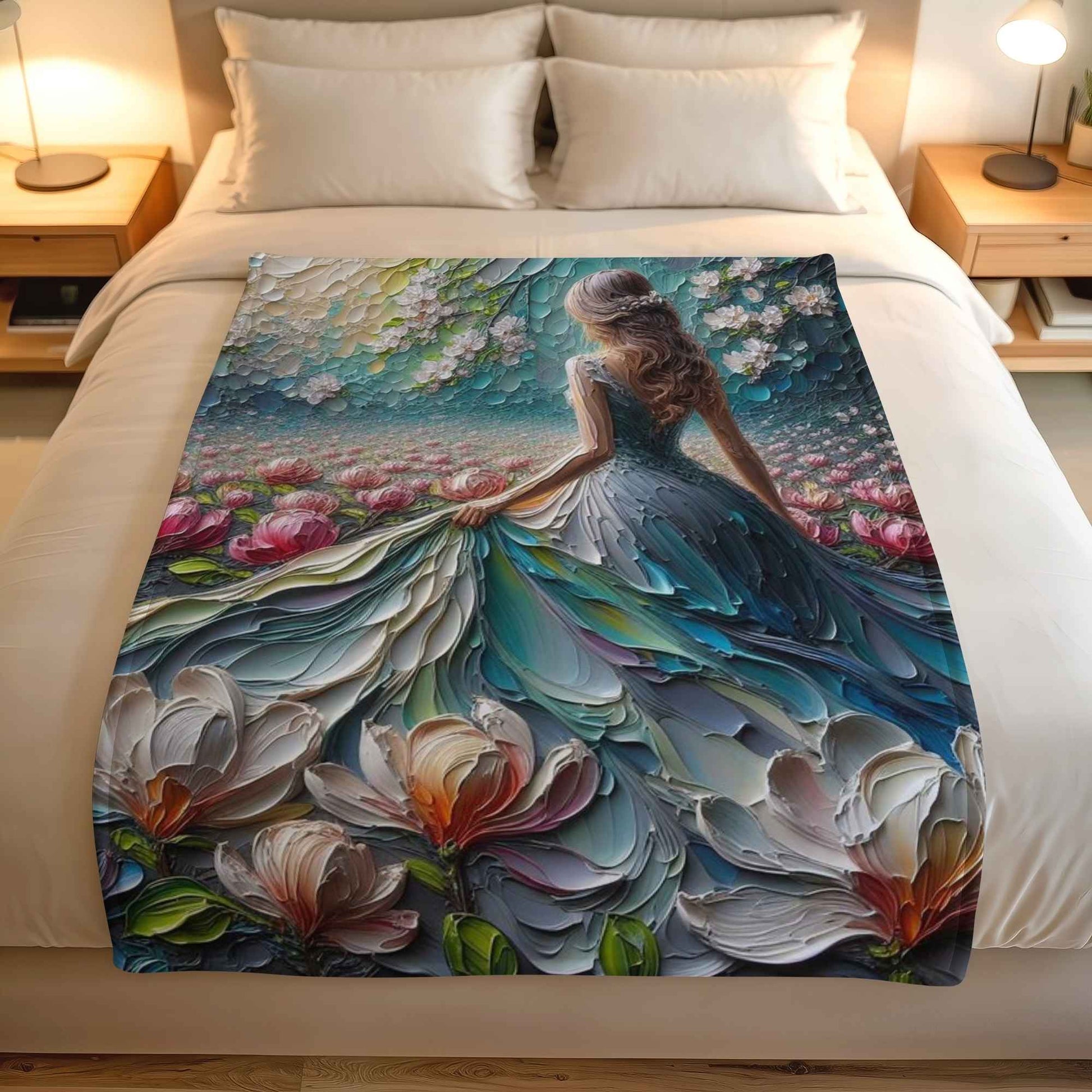 Lightweight fleece blanket with magnolia flower design, deep teal tones and soft painterly artwork for bedroom styling