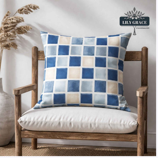 Blue and white cotton scatter cushion cover on wooden chair