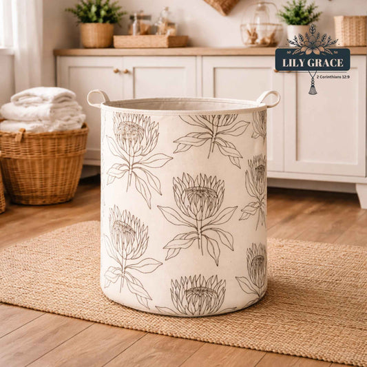 Felt laundry basket with protea pattern, sturdy round design for home laundry use