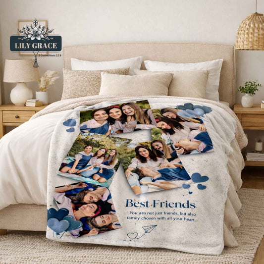 Personalised photo fleece blanket with multiple family and friends photos printed on coral fleece, made in South Africa, best friends