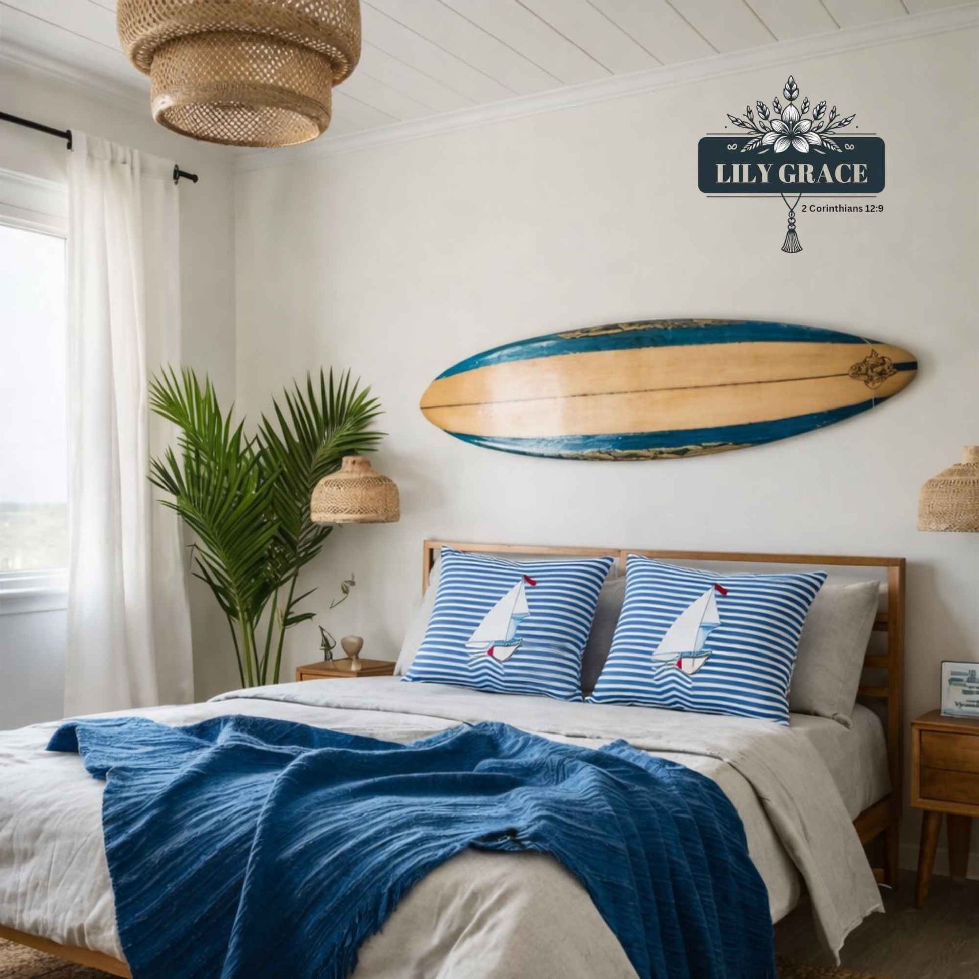 Cotton scatter cushion cover in blue and white with nautical sailboat print and zipper closure.