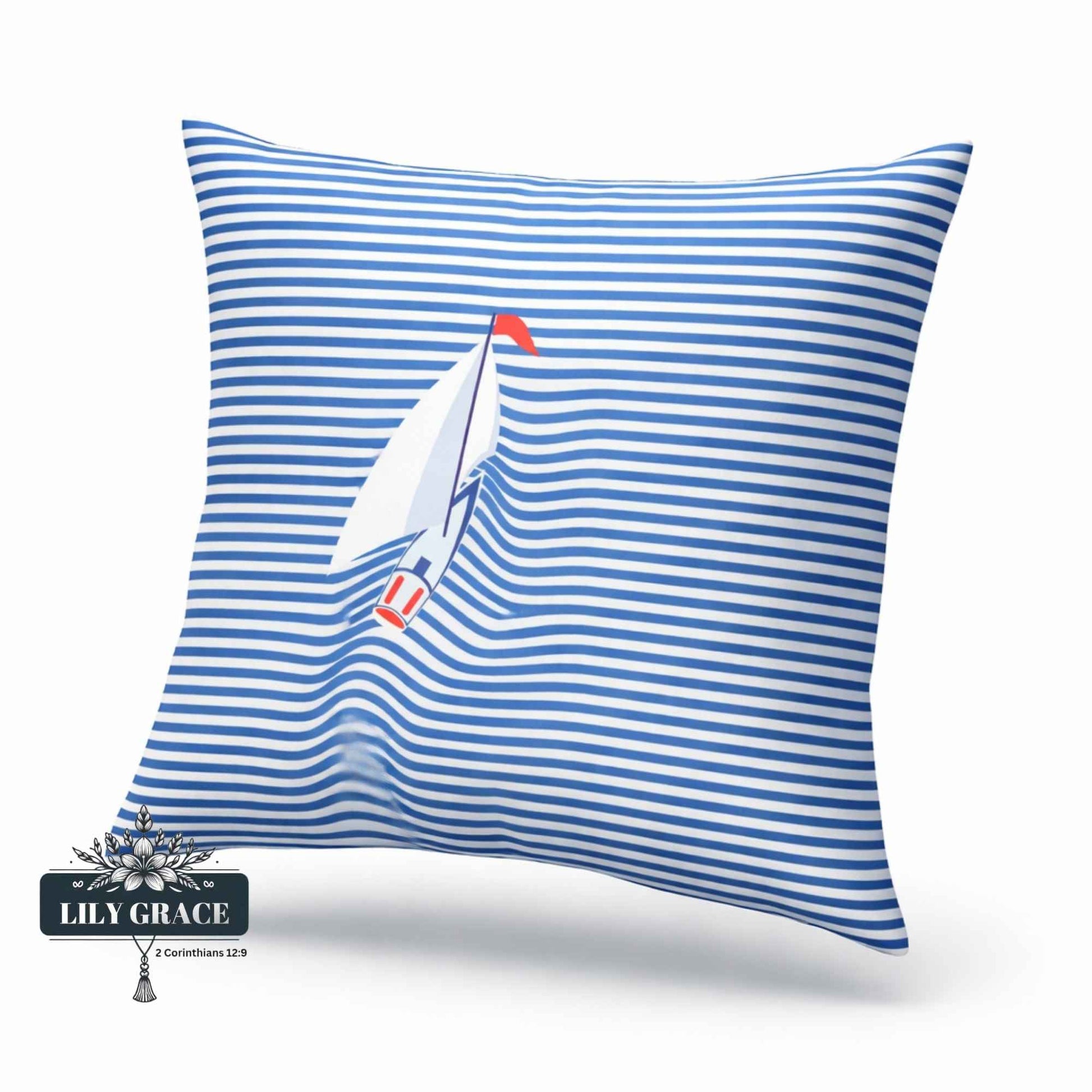 Square blue scatter cushion cover with horizontal stripes and sailboat design, 100% cotton fabric.