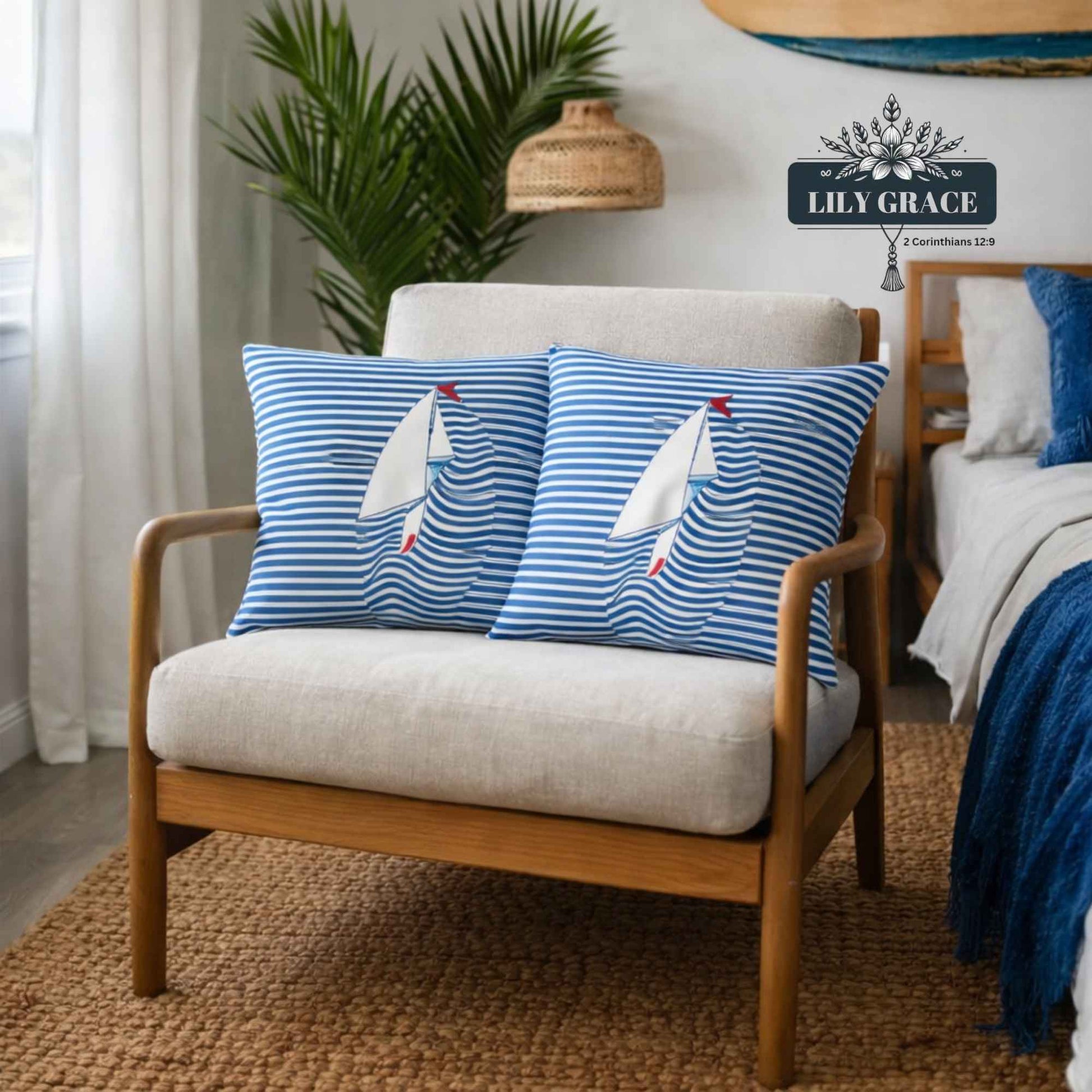 Blue and white sailboat scatter cushion cover made from cotton, photographed flat lay with coastal styling.