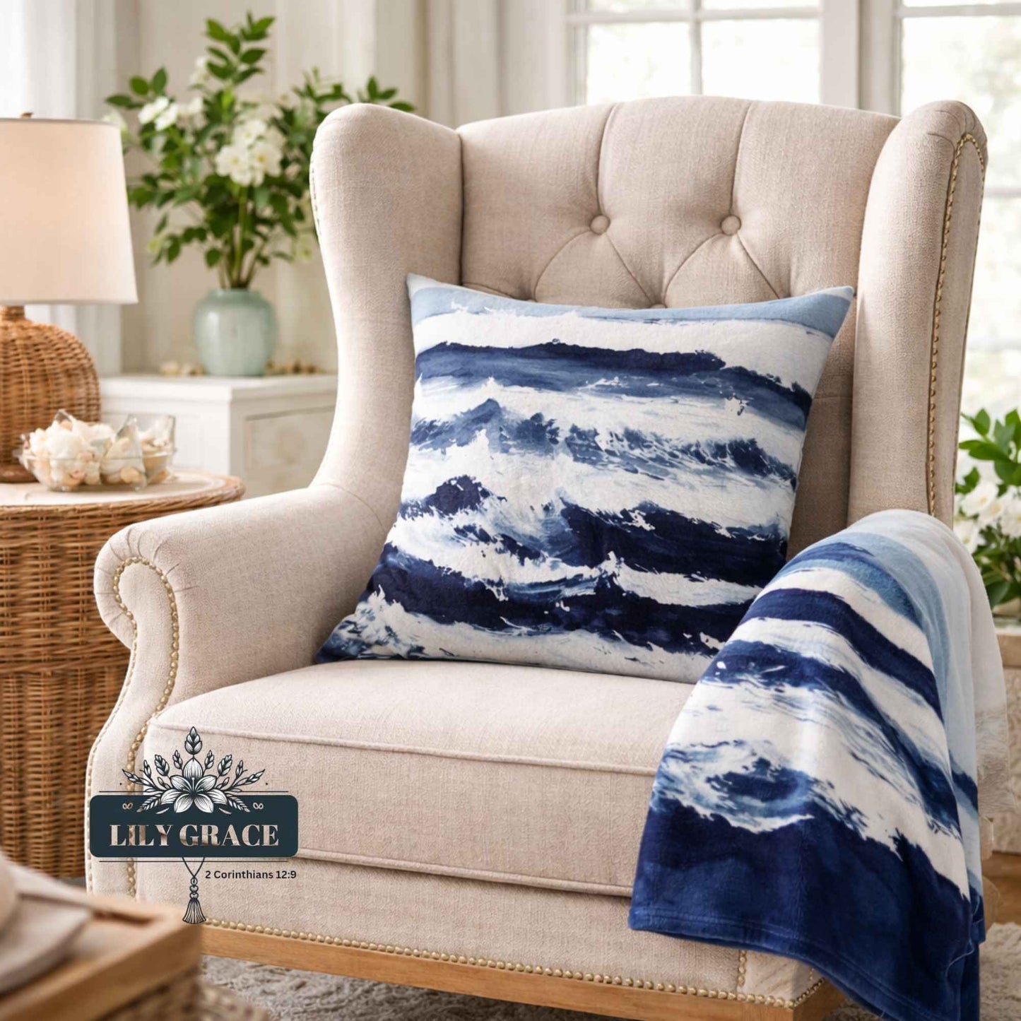 Blue wave design fleece blanket showing navy and light blue pattern detail