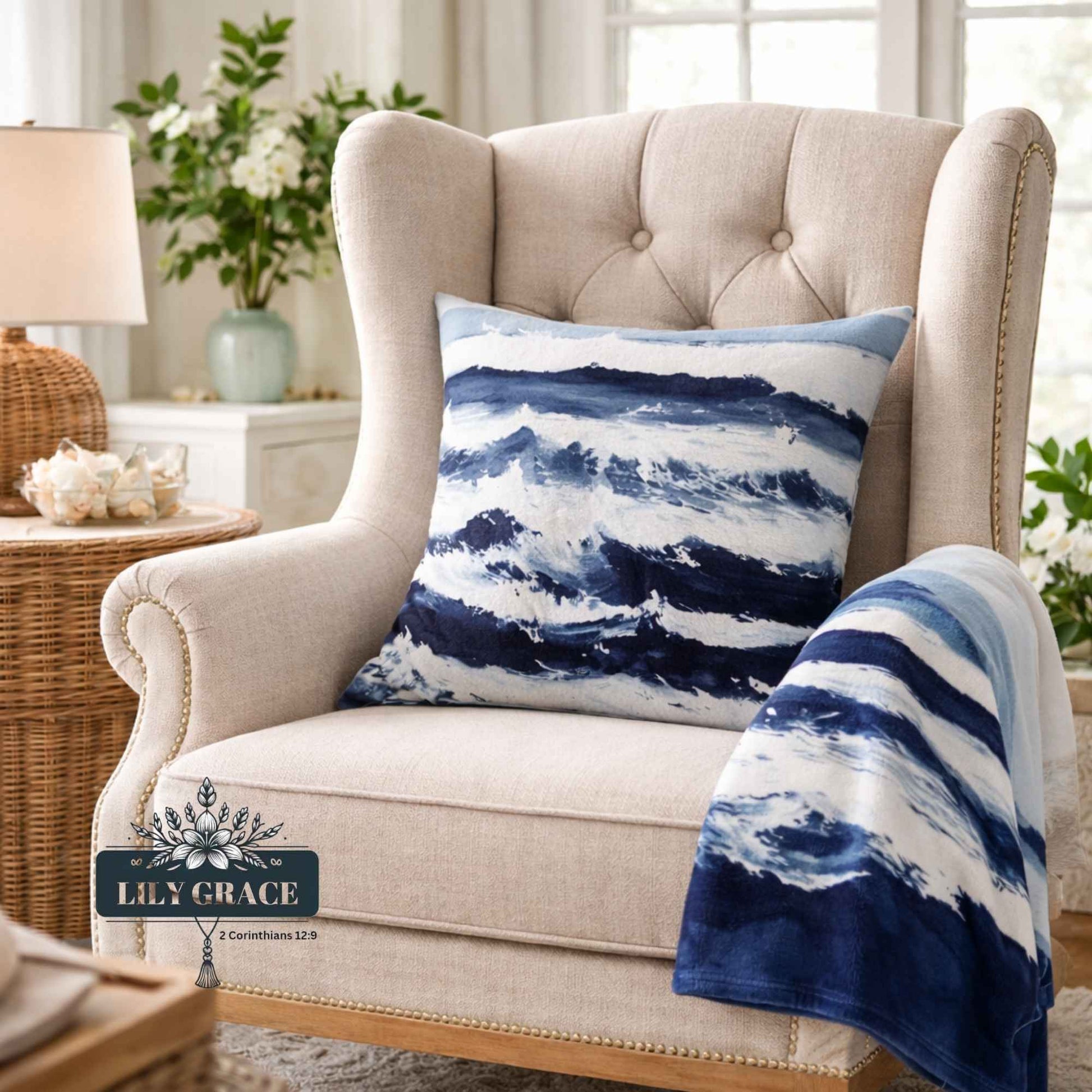Blue wave design fleece blanket showing navy and light blue pattern detail