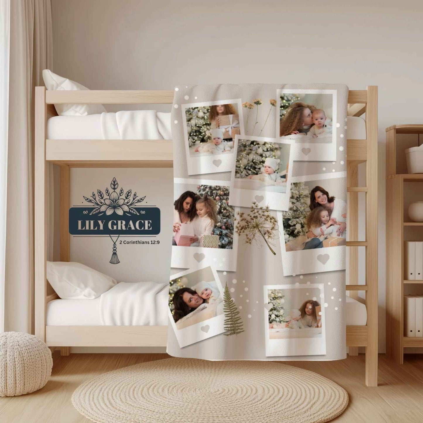 Custom fleece photo blanket on a neatly made bed, featuring a collage of family photos and soft neutral tones in a cozy bedroom setting