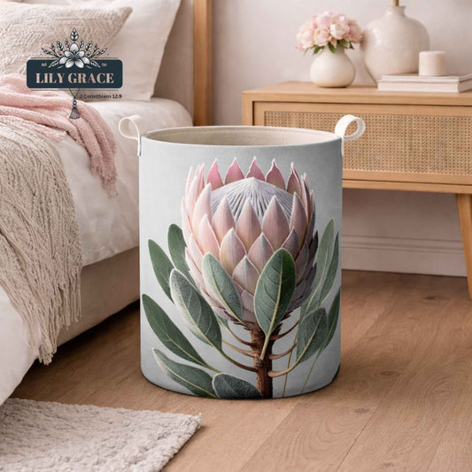 Recycled felt laundry basket with protea design and strong handles in bedroom
