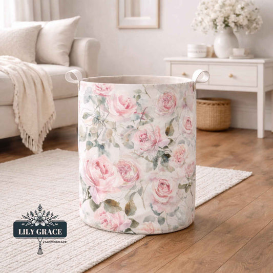 Recycled felt laundry basket set with floral print, foldable design and strong handles, shown in a family living area