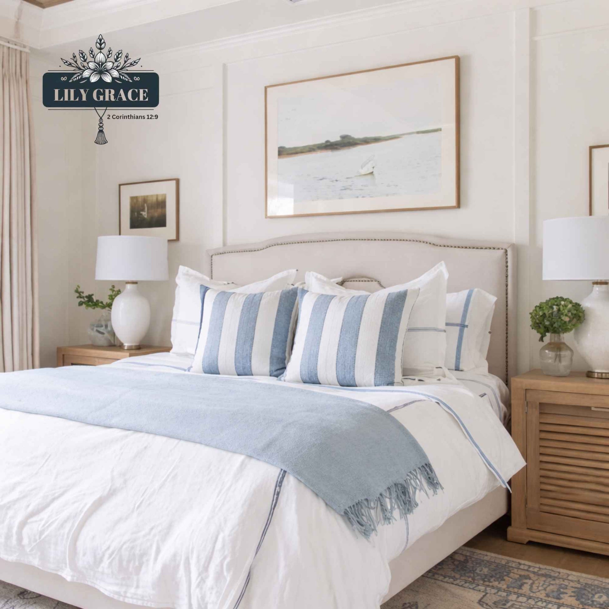 Blue Harbor Stripe scatter cushion cover styled on a neutral armchair with blue and white stripes