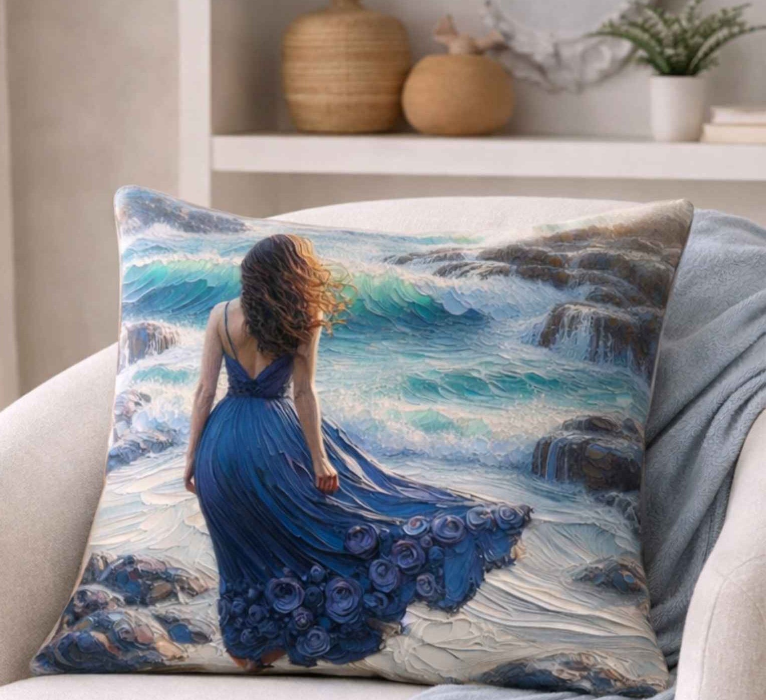 Blue scatter cushions with coastal artwork placed against white bedding and timber furniture