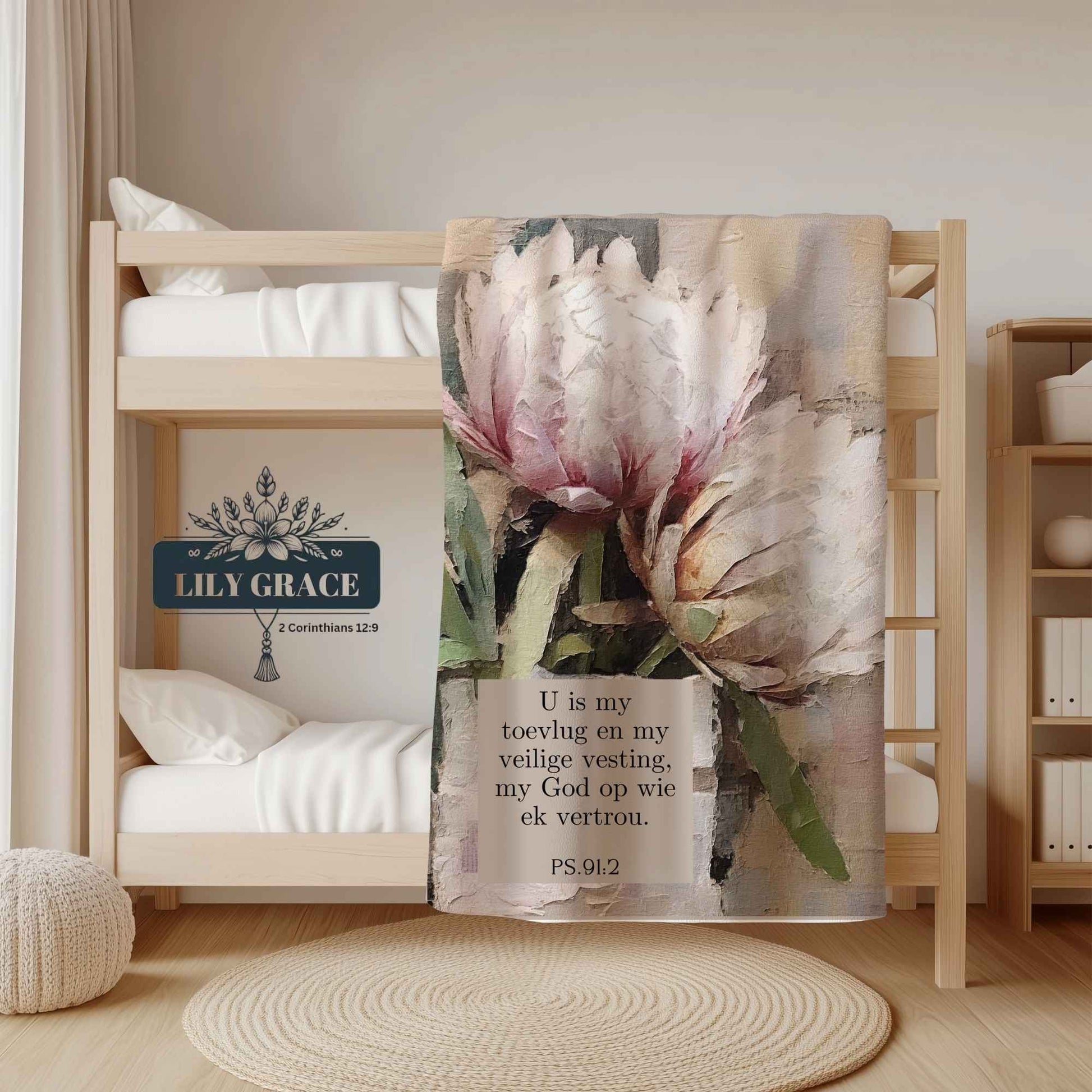 Christian art fleece blanket with protea design and scripture text