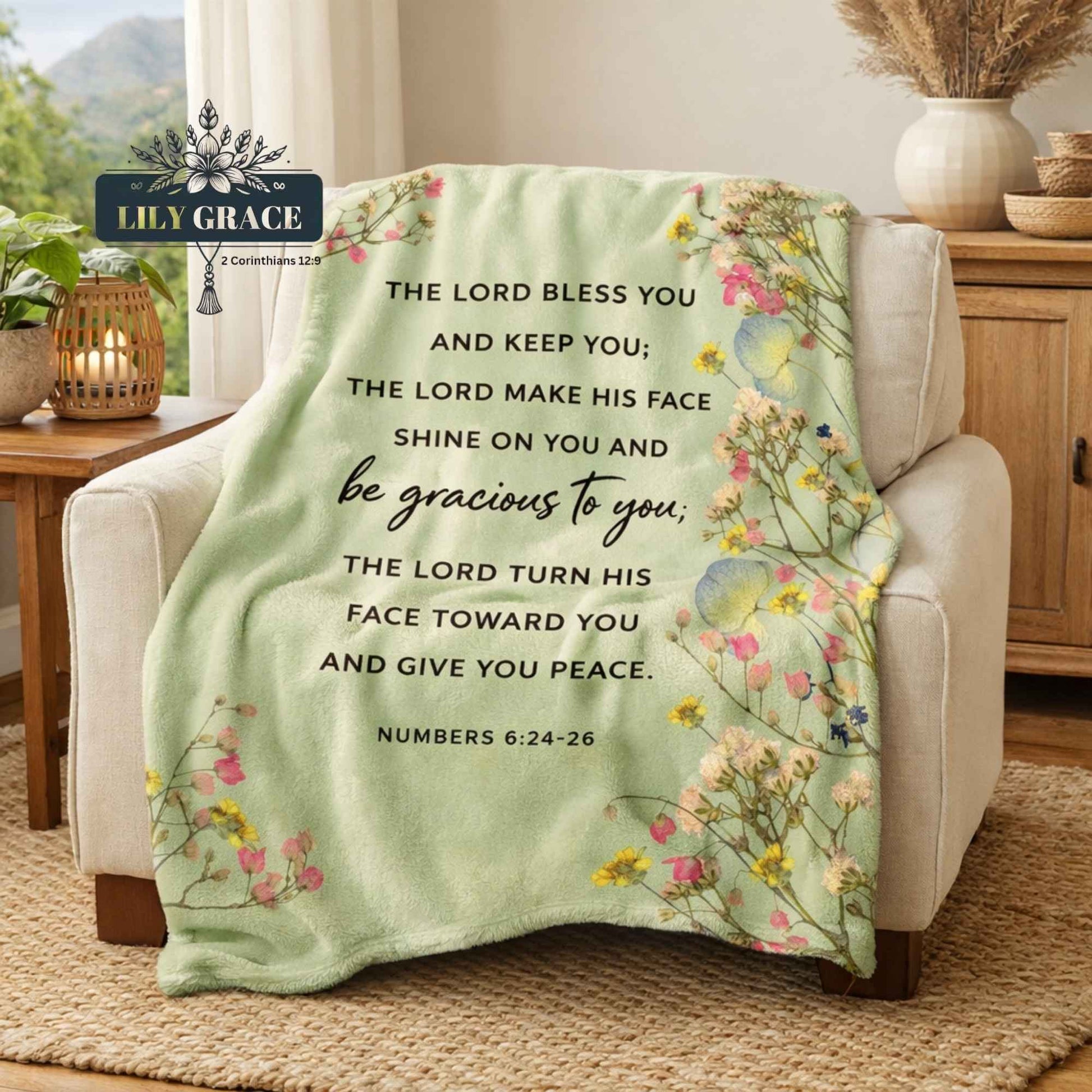 Faith inspired fleece blanket with wildflowers and Bible verse