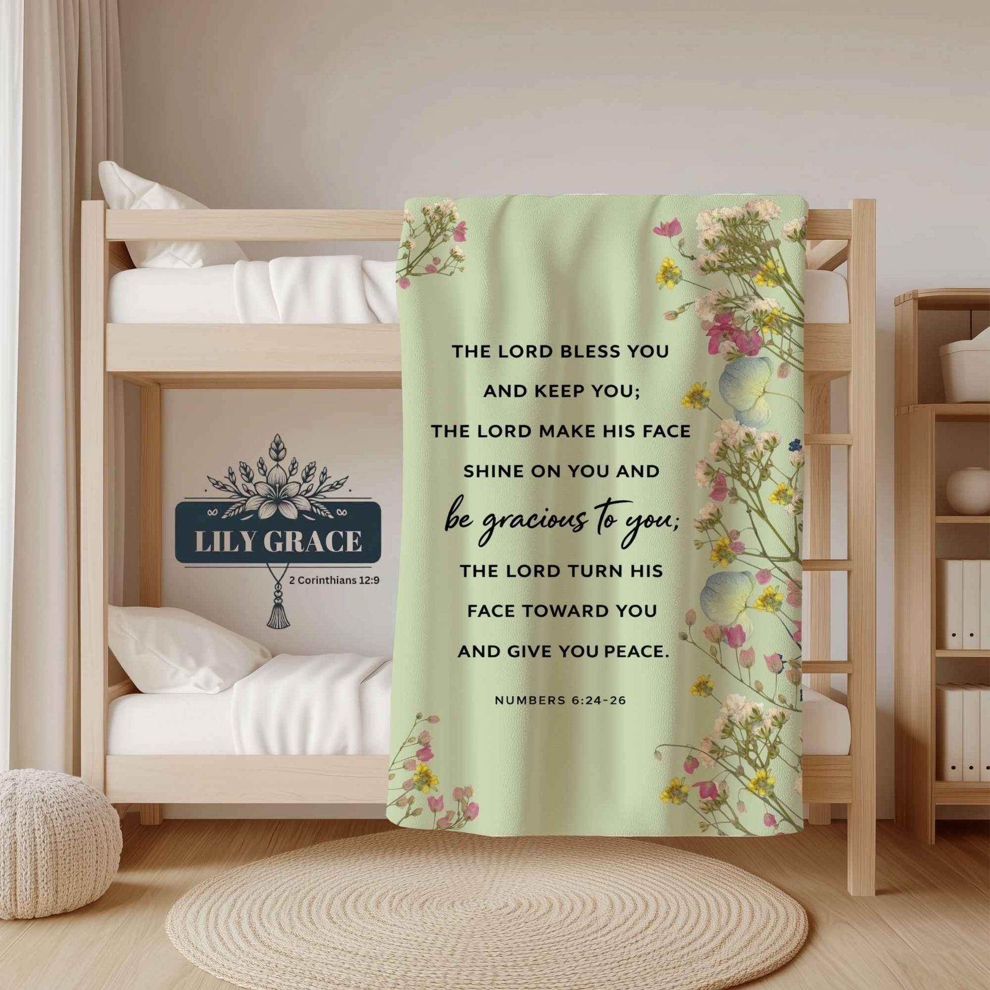 The Lord Bless You faith blanket with Numbers 6:24–26 on green background