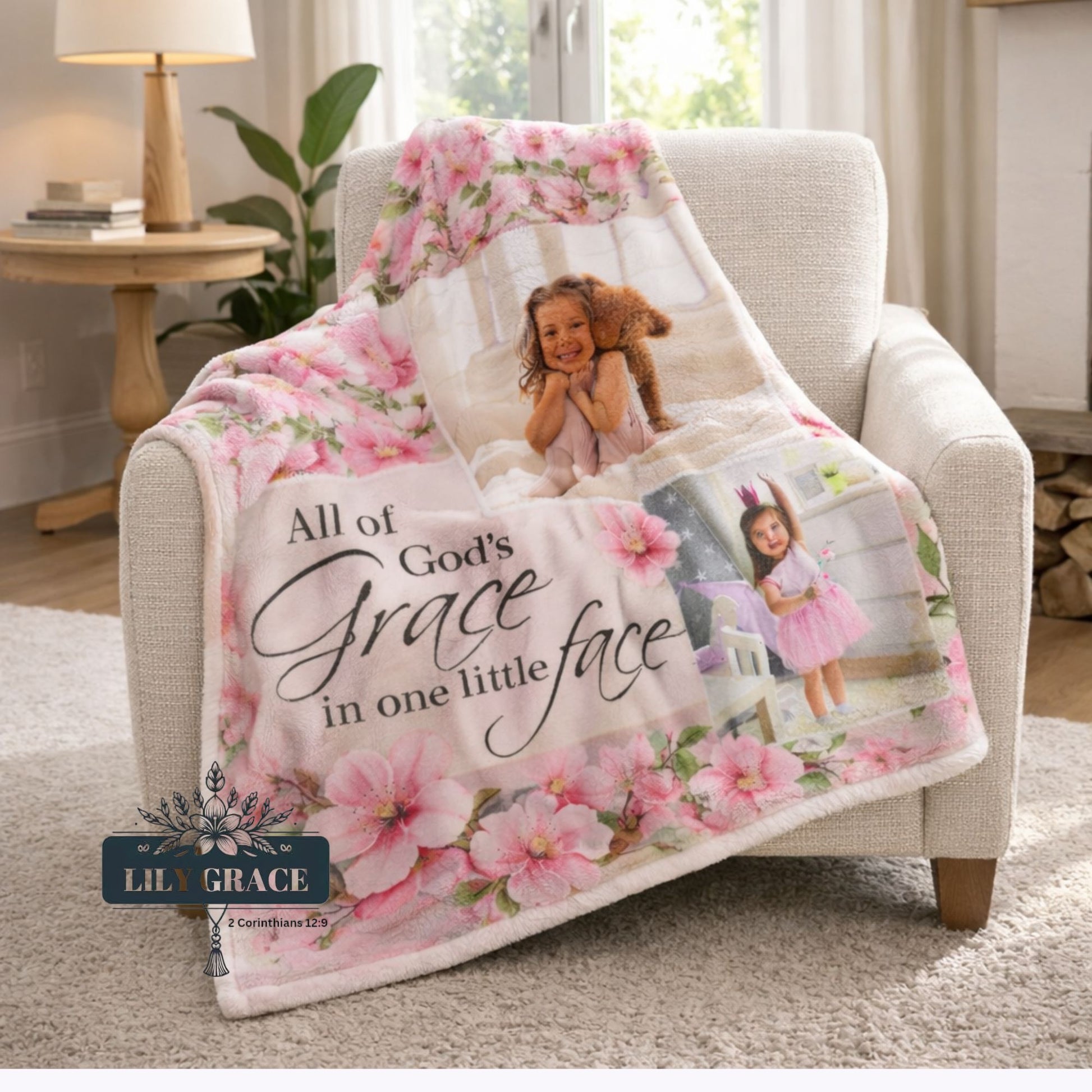 Personalised kids photo fleece blanket with grace message and flowers