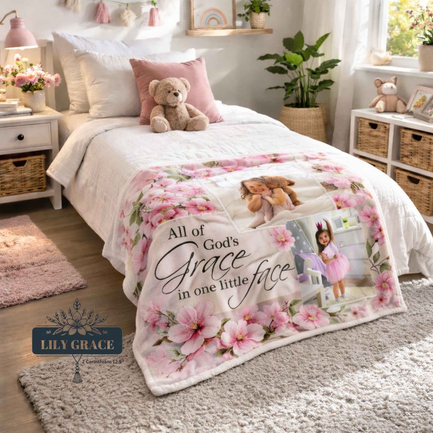 Blessing Kids Photo Blanket pink floral faith design with child photos