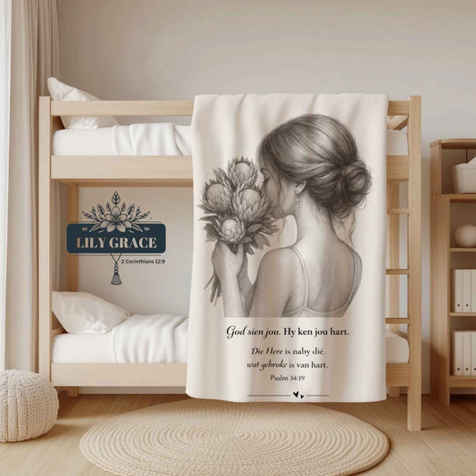 God sien jou kombers faith fleece blanket with Afrikaans Psalm verse