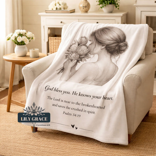 God Knows Your Heart faith blanket with protea illustration and Psalm verse