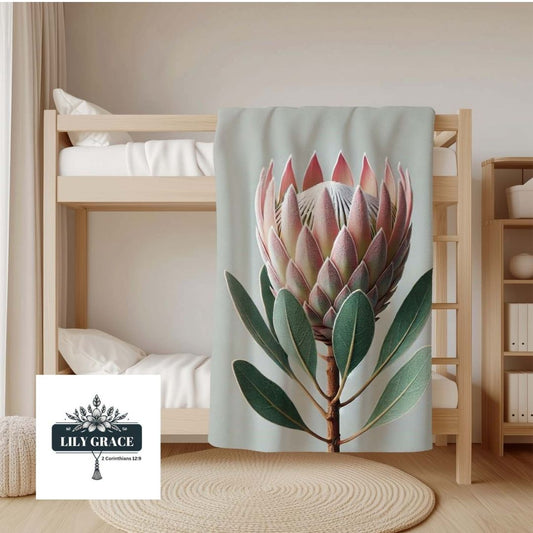 Single pink Protea coral fleece blanket