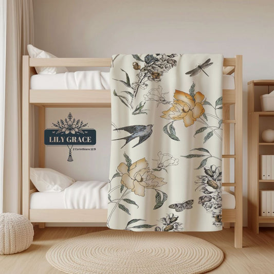 Botanical fleece blanket. Designer fleece blanket