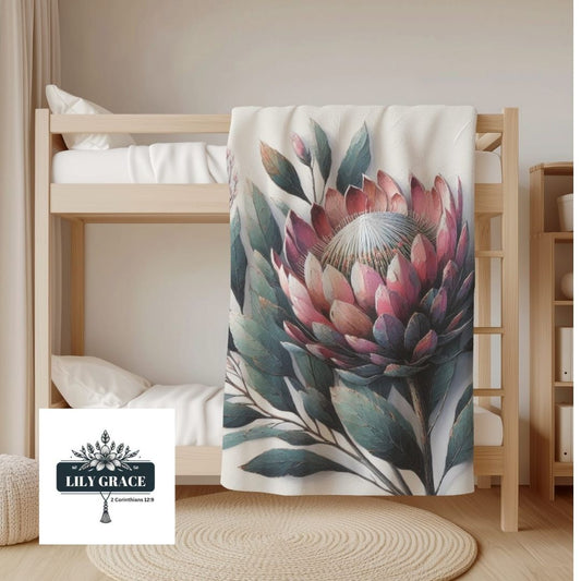 Watercolor Protea coral fleece blanket