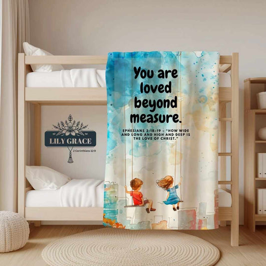 Kids bedding blanket with comforting Christian message and swing illustration
