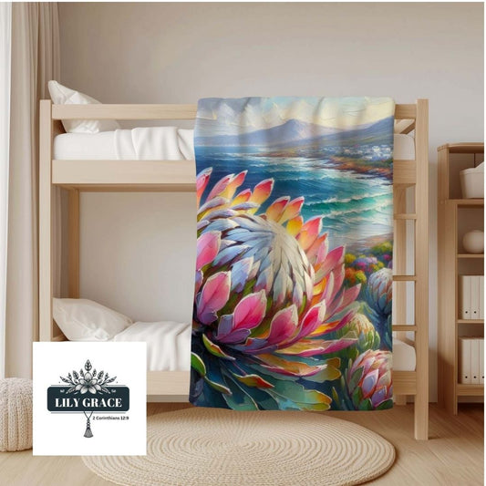 Protea and ocean coral fleece blanket