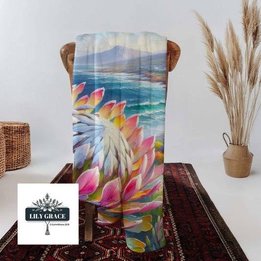 Protea and ocean coral fleece blanket