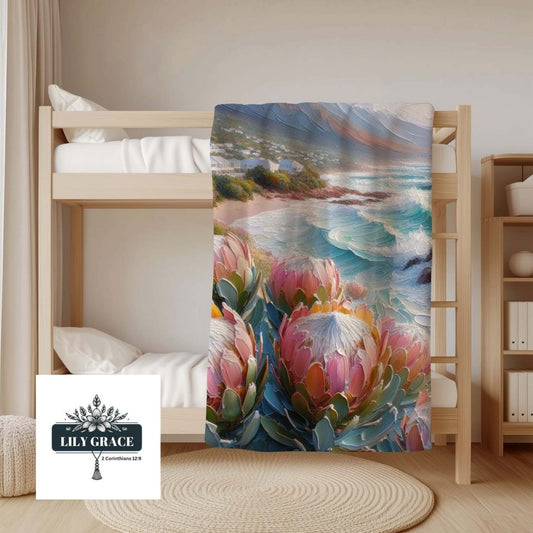 Protea beauty and ocean coral fleece blanket