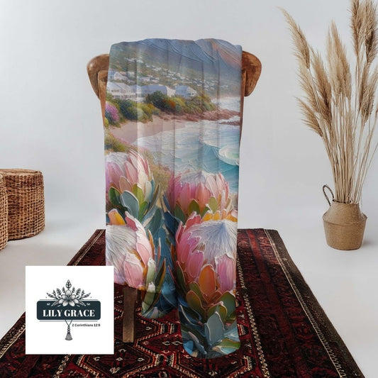 Protea beauty and ocean coral fleece blanket