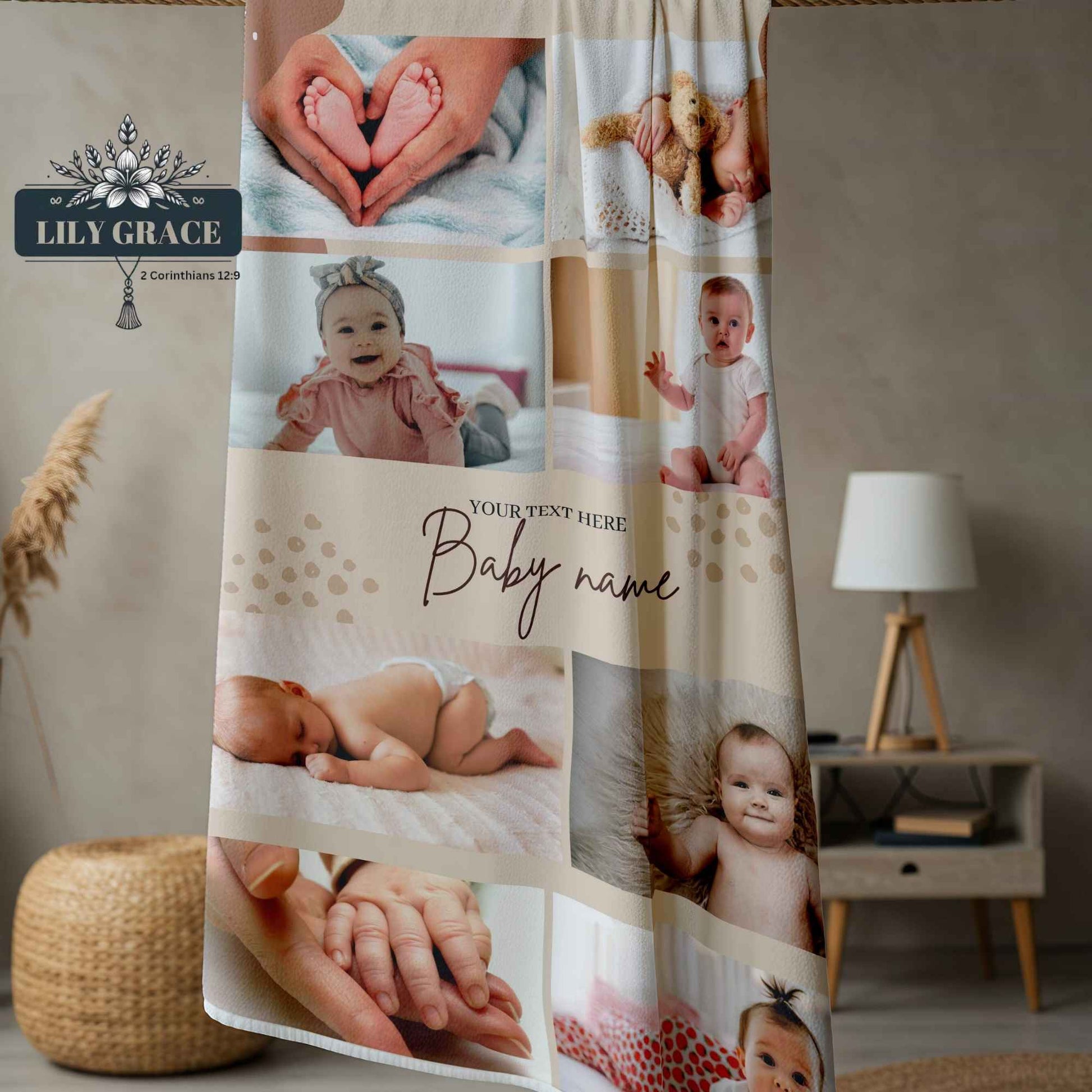 Personalized baby collage blanket with multiple newborn pictures and name design