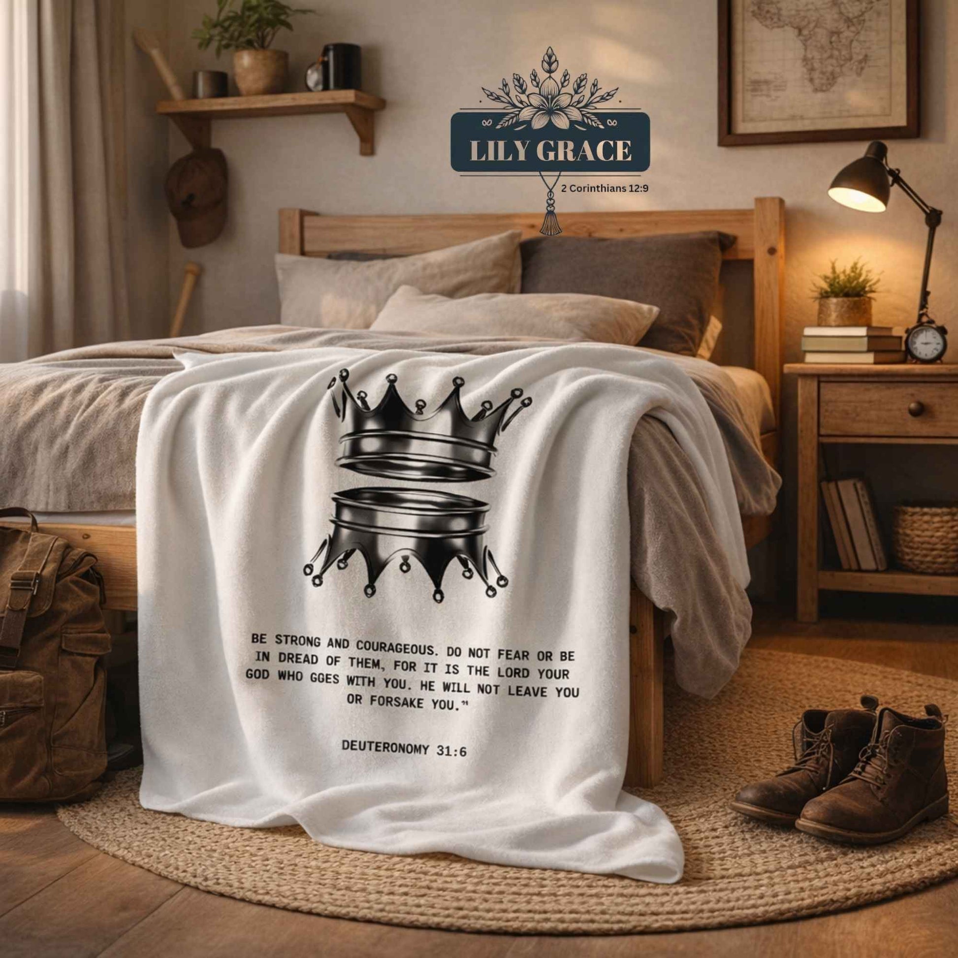 Christian bedding fleece blanket with crown and Bible verse design. Christian art gifts South Africa