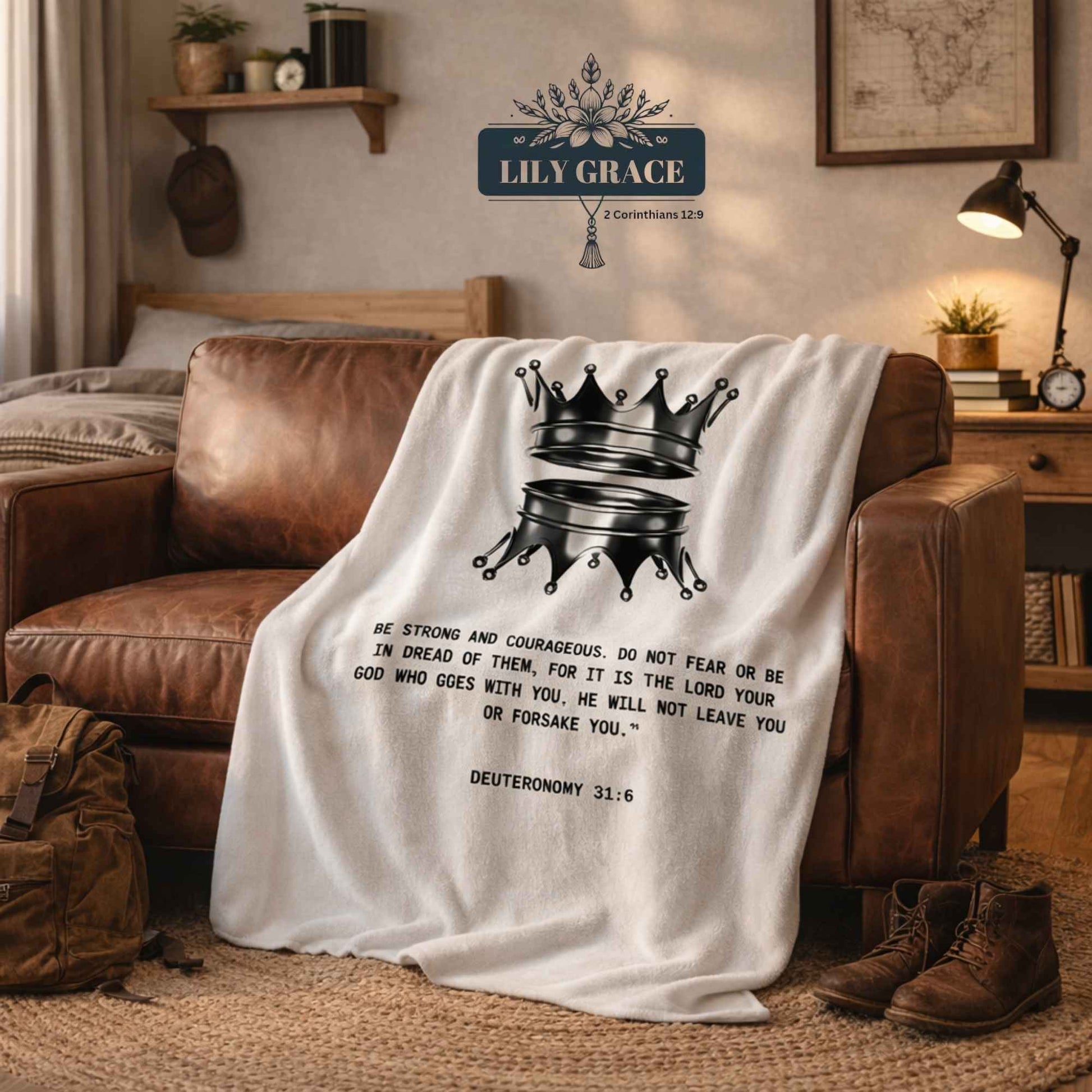 Crowned in Courage faith fleece blanket with Deuteronomy 31:6 verse