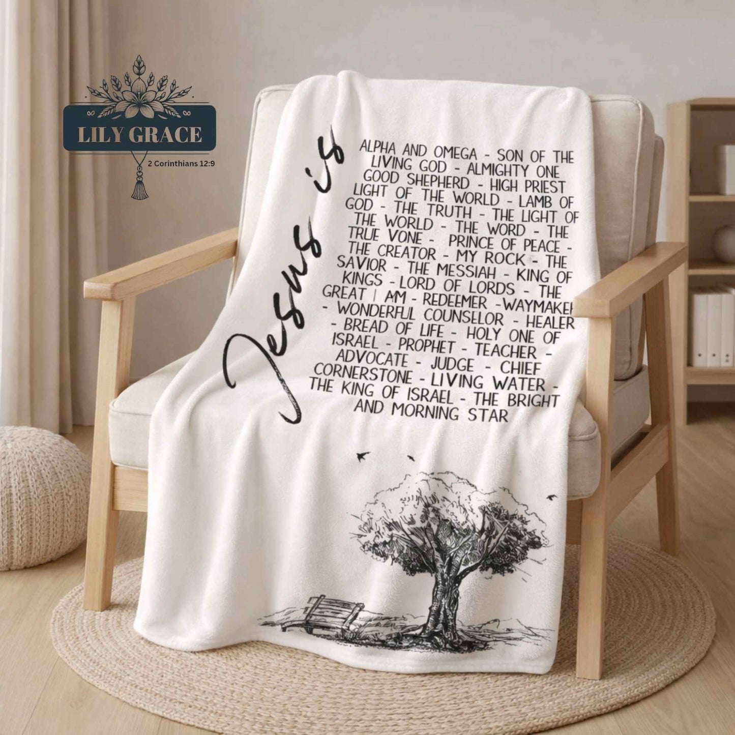 Christian art gifts fleece blanket with tree and Bible names print