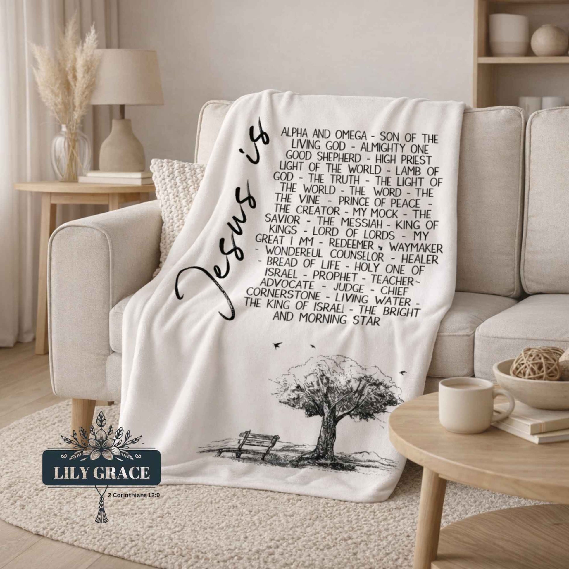 Names of Jesus faith blanket styled on neutral couch