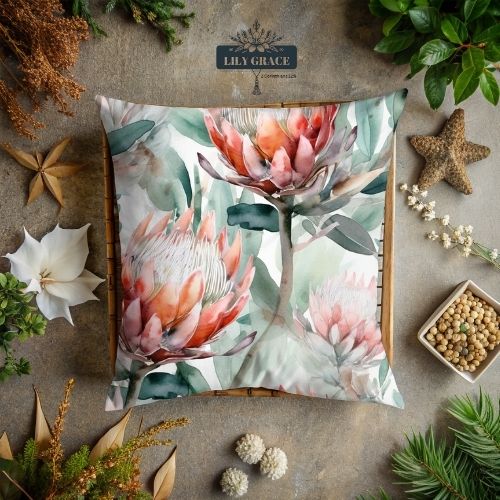 South African protea home décor gift set printed locally on cotton and fleece.