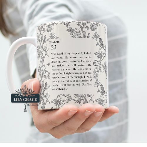 Psalm 23 Christian coffee mug with floral Bible verse design by Lily Grace Design.