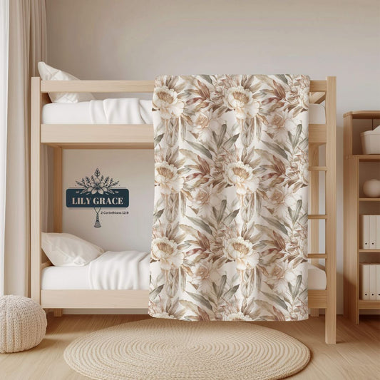 Neutral tone floral fleece blanket with peony artwork by Lily Grace Design